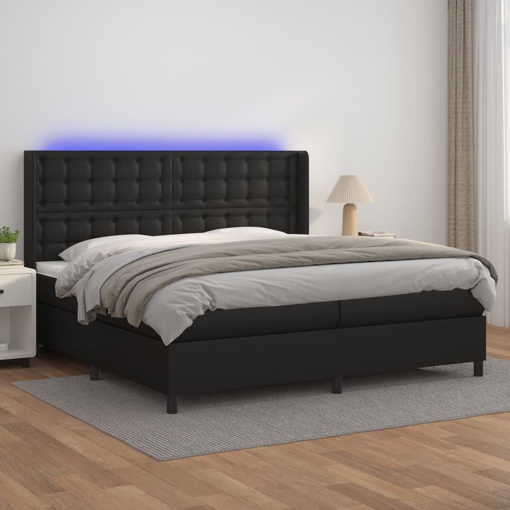 vidaXL Ramsäng med madrass & LED svart 200x200 cm konstläder
