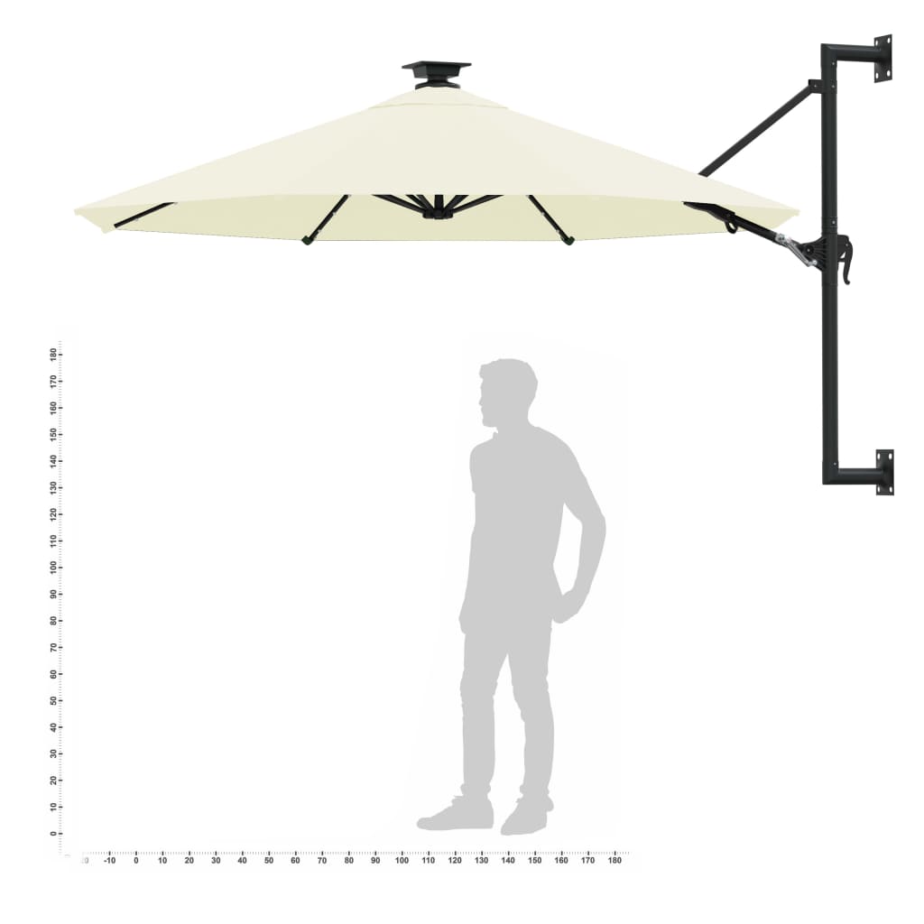 vidaXL Väggmonterat parasoll med LED och metallstång 300 cm sandfärgad