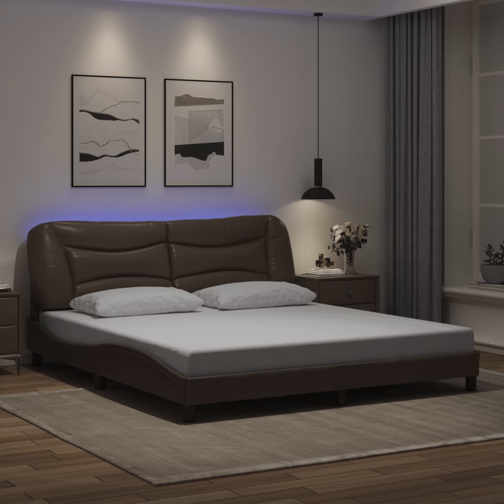 vidaXL Sängram med LED-belysning brun 180x200 cm konstläder
