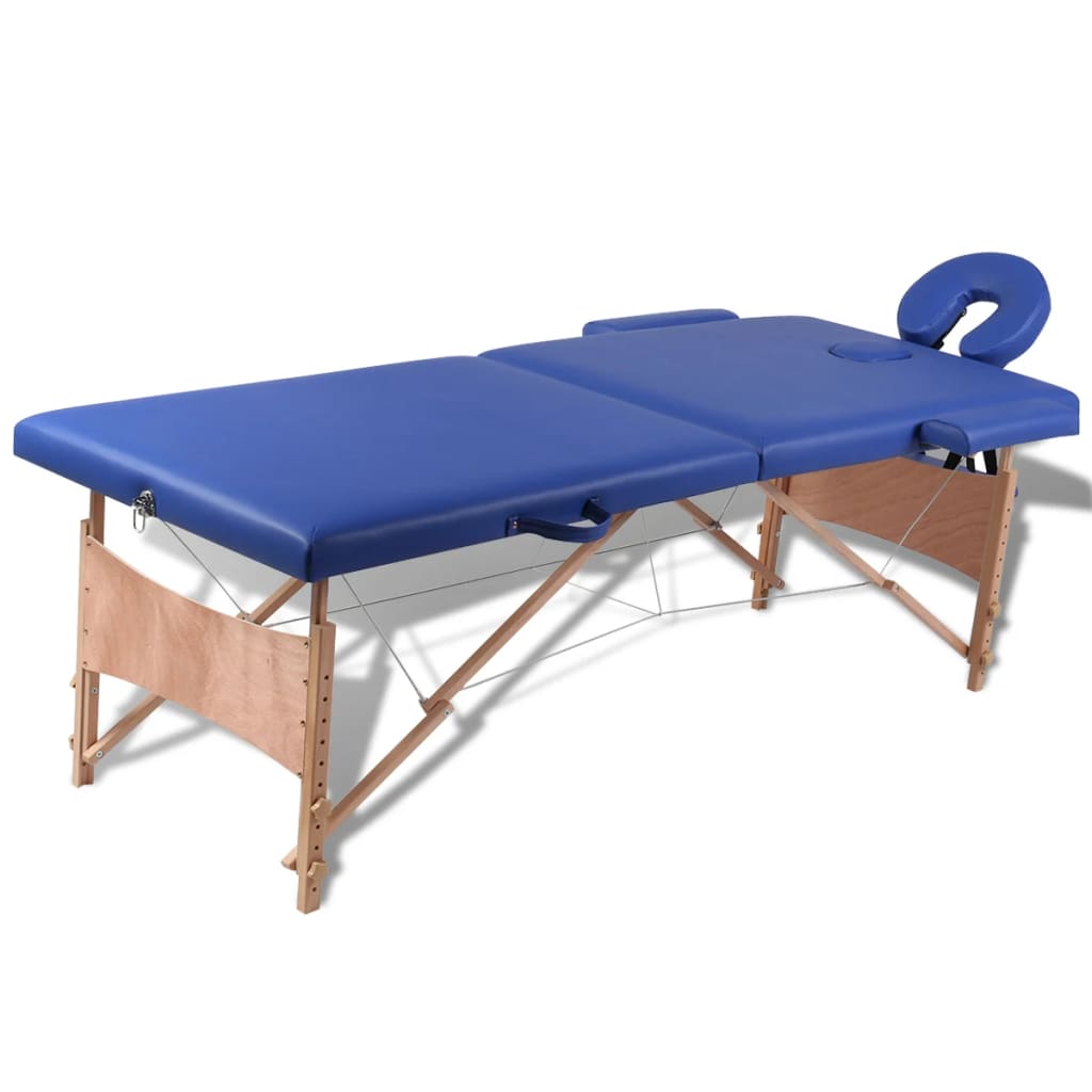 Blått vikbart massagebord med 2 zoner och träram