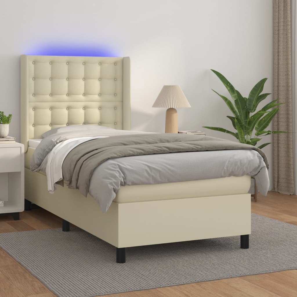 vidaXL Ramsäng med madrass & LED gräddvit 100x200 cm konstläder