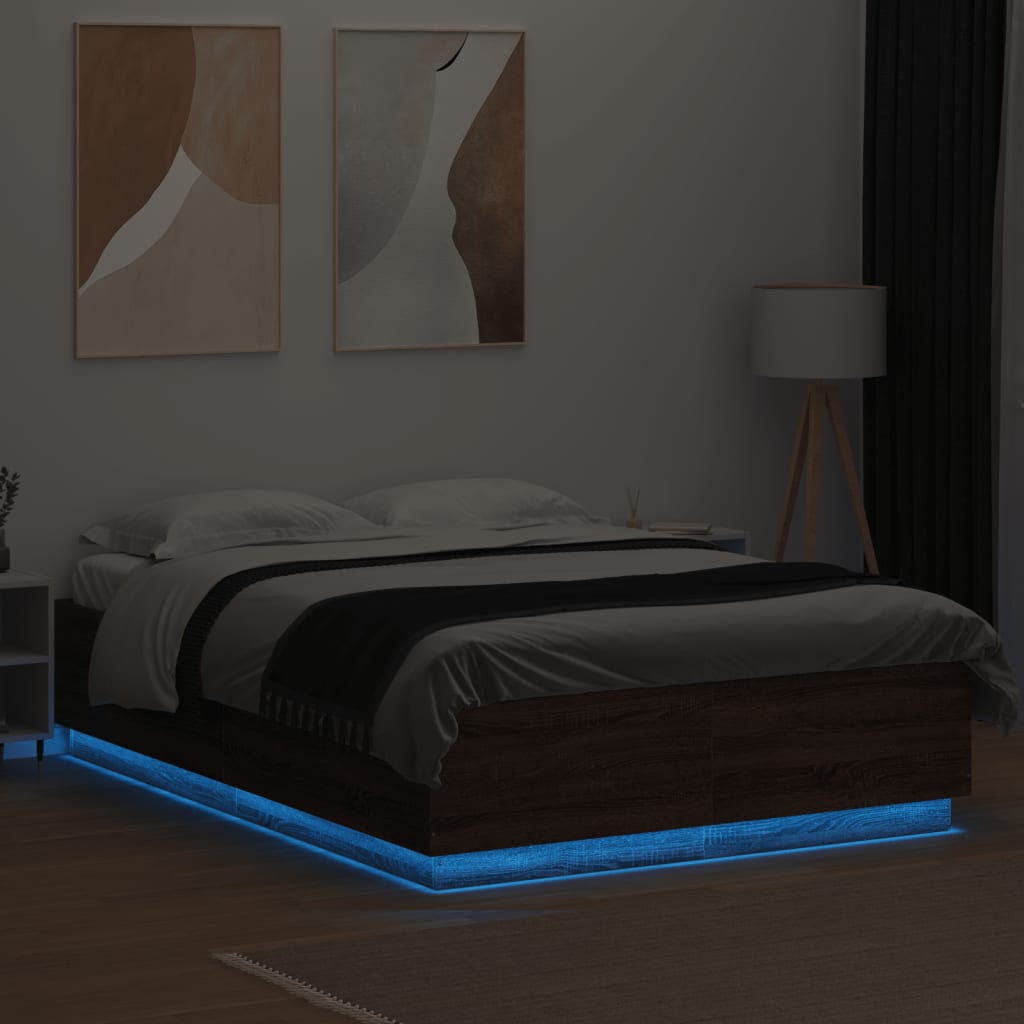 vidaXL Sängram med LEDs brun ek 120x200 cm konstruerat trä