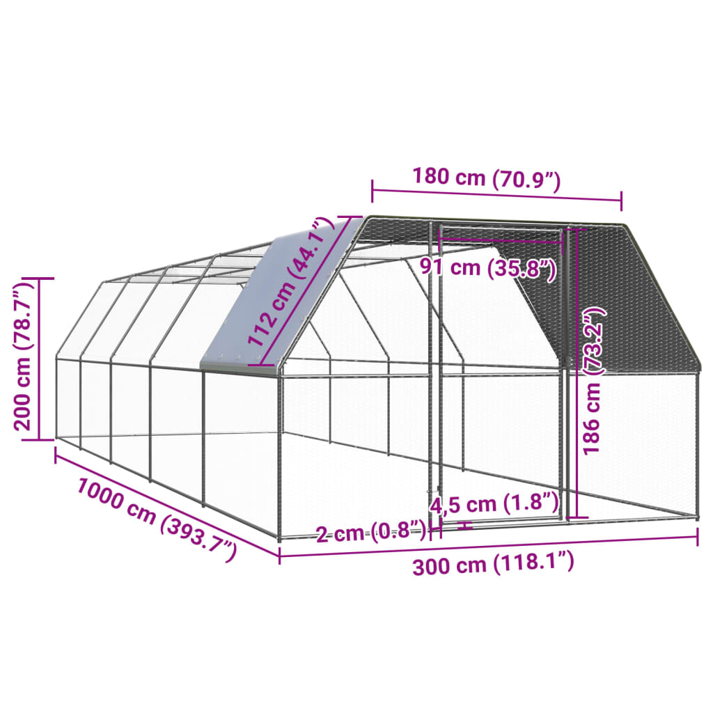 vidaXL Hönsbur för utomhusbruk 3x10x2 m galvaniserat stål