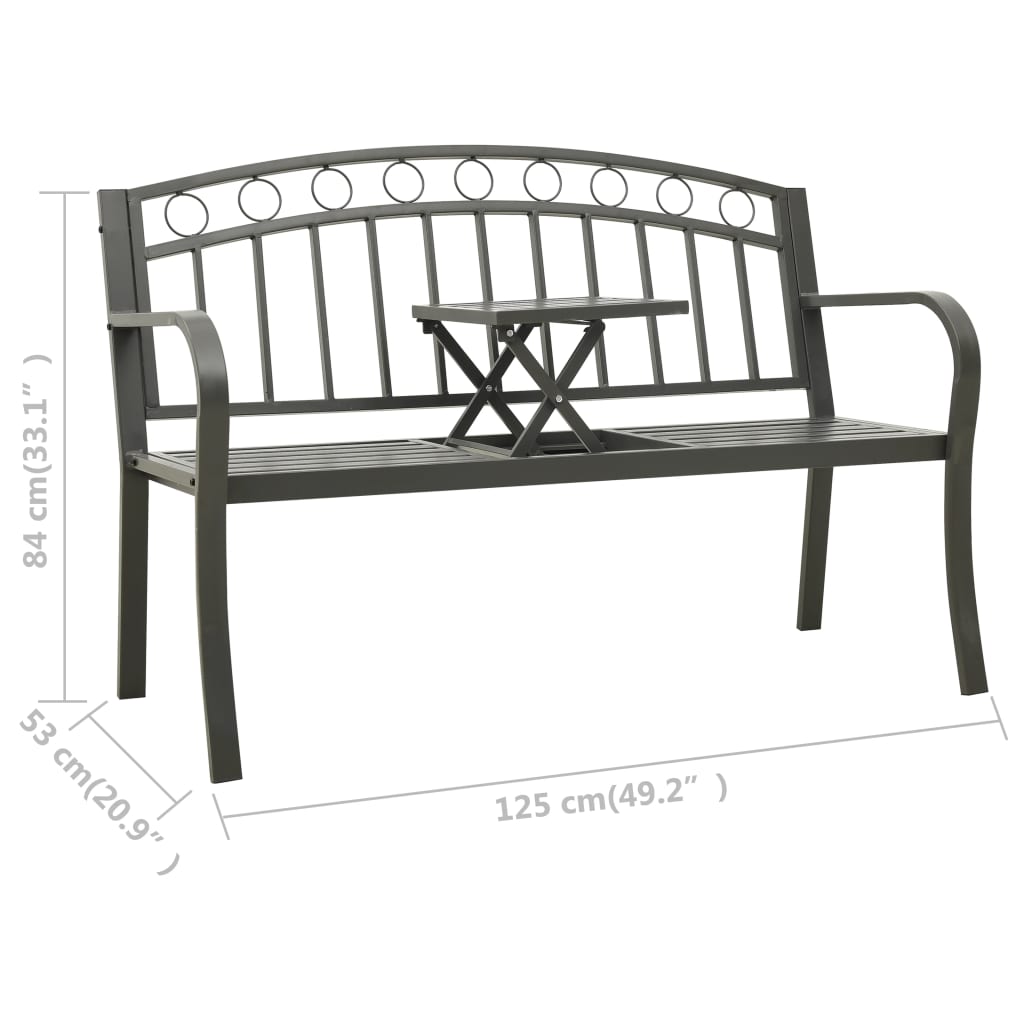 vidaXL Trädgårdsbänk med bord 125 cm stål grå