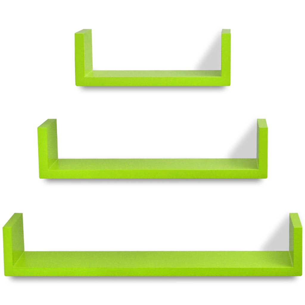 3 Flytande U-formade bok/CD-vägghyllor i MDF grön