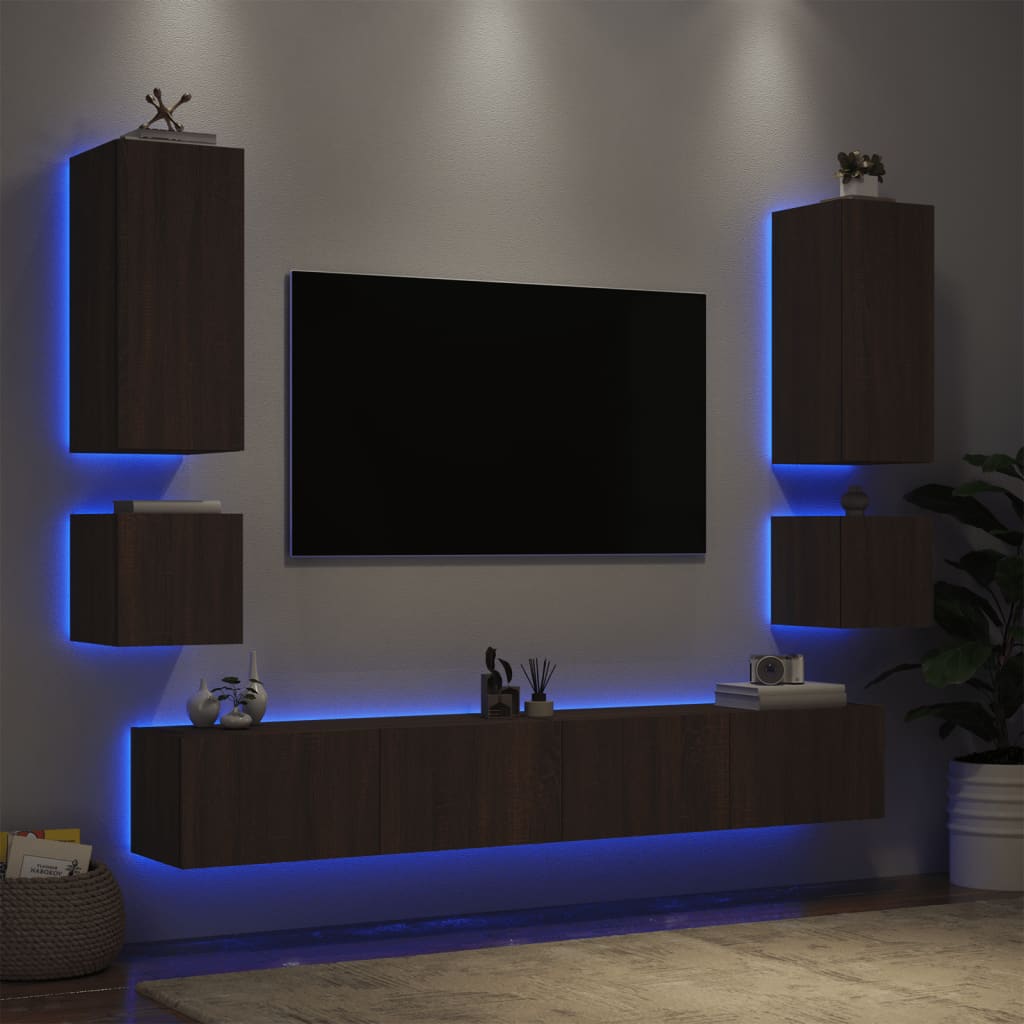 vidaXL Väggmonterade tv-skåp 6 delar med LEDs brun ek