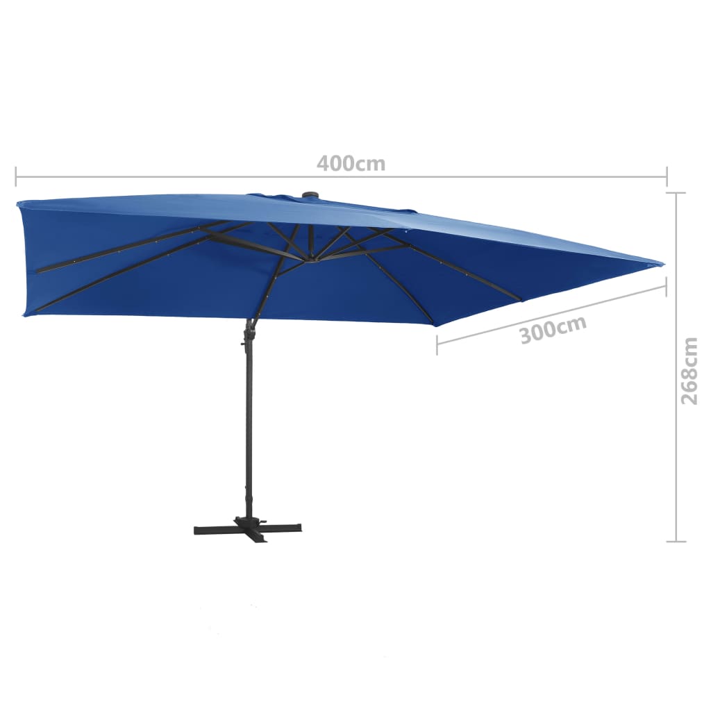 vidaXL Frihängande parasoll med aluminiumstång & LED 400x300 cm azur