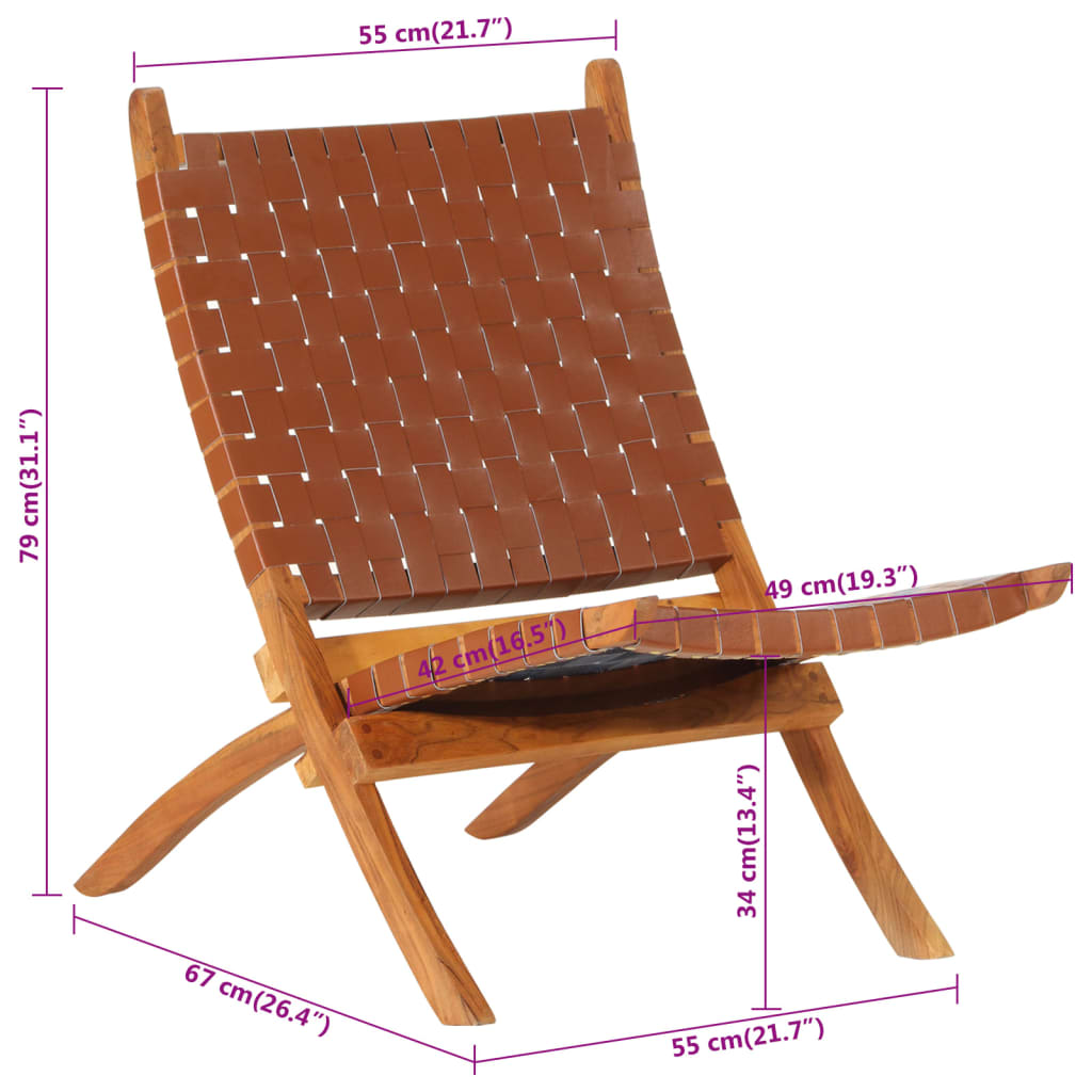 vidaXL Avkopplingsstol hopfällbar brun äkta läder