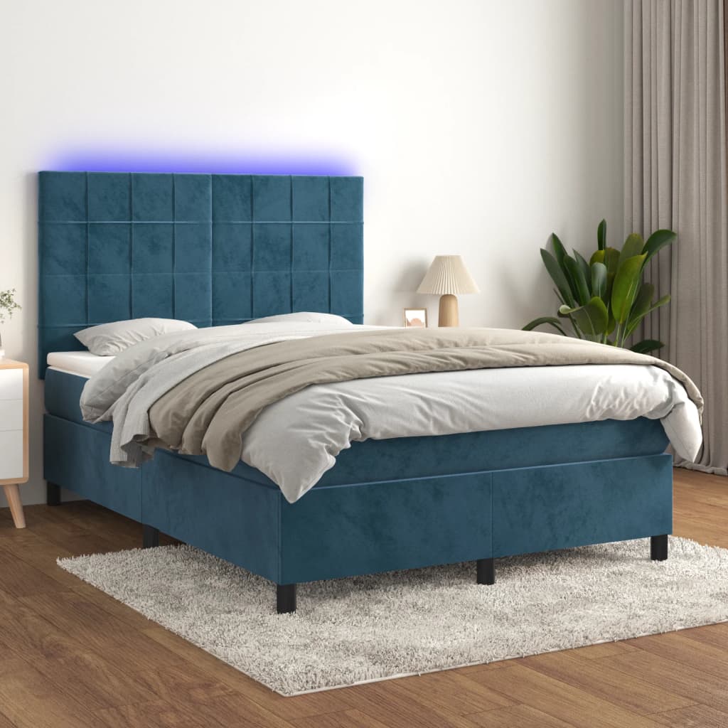 vidaXL Ramsäng med madrass & LED mörkblå 140x200 cm sammet