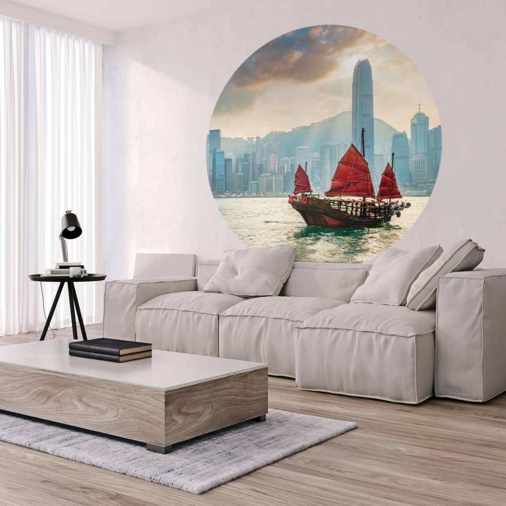 WallArt Tapet cirkelformad Skyline with Junk Boat 142,5 cm