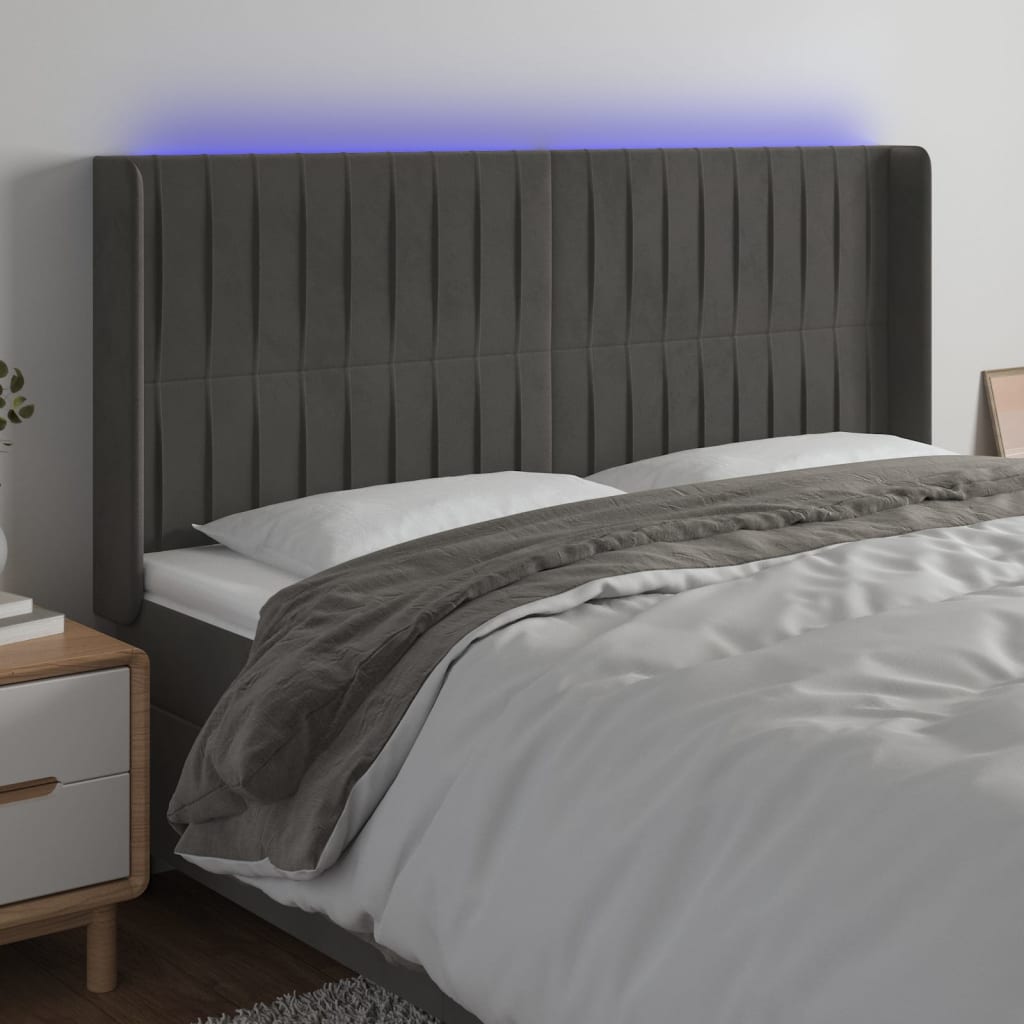vidaXL Sänggavel LED mörkgrå 183x16x118/128 cm sammet