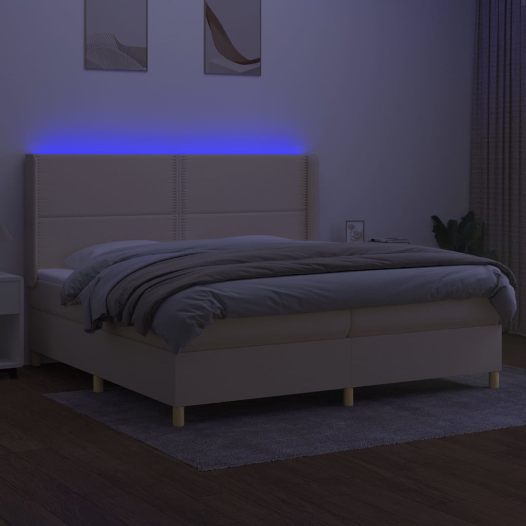 vidaXL Ramsäng med madrass & LED gräddvit 200x200 cm tyg