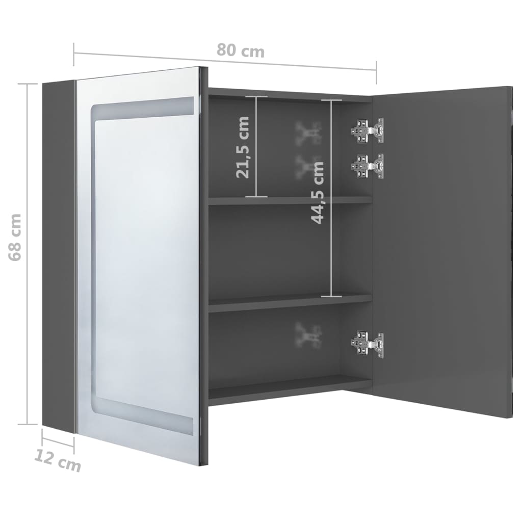 vidaXL Spegelskåp med LED blank grå 80x12x68 cm