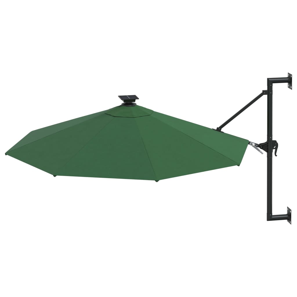 vidaXL Väggmonterat parasoll med LED och metallstång 300 cm grön