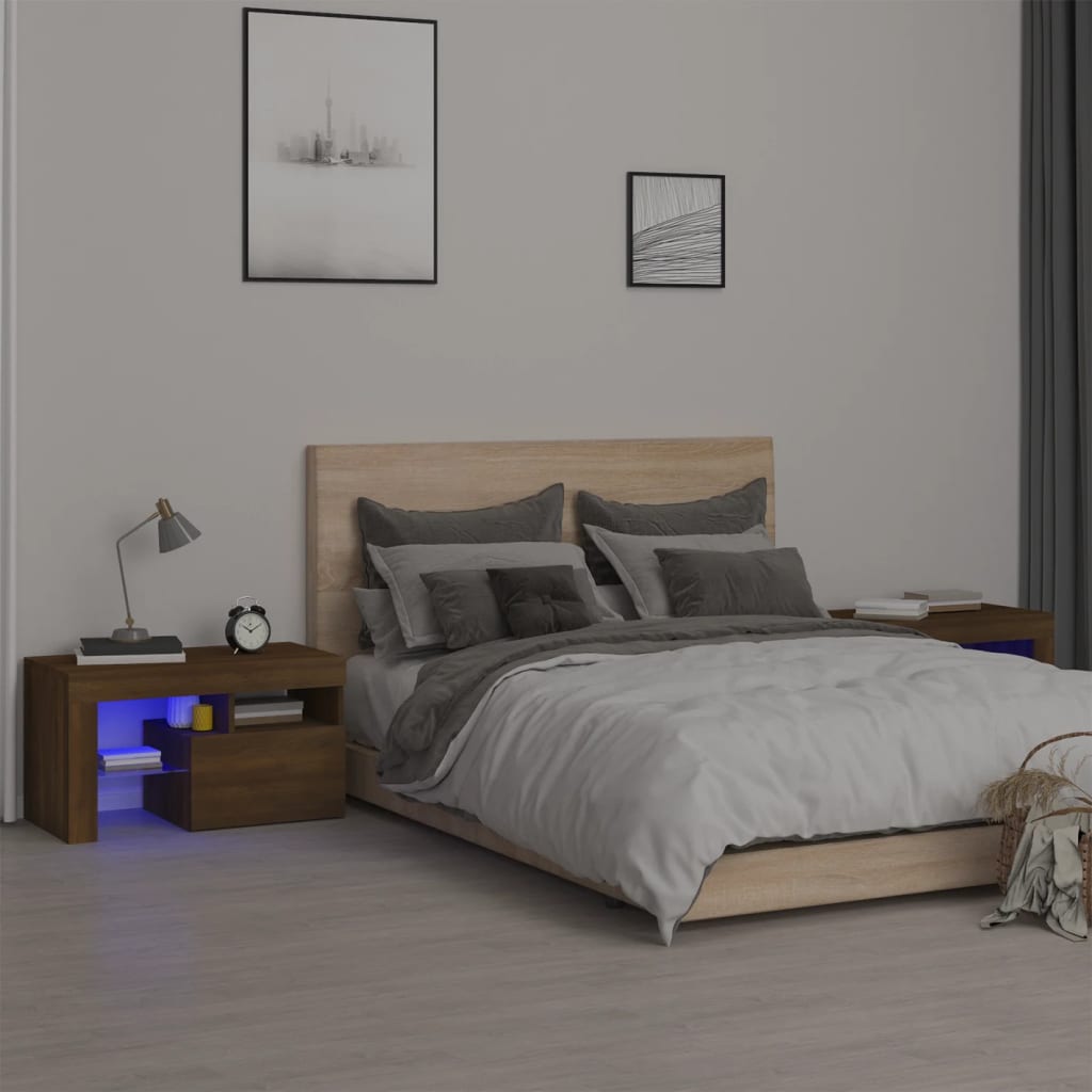 vidaXL Sängbord 2 st med LED-belysning brun ek 70x36,5x 40 cm