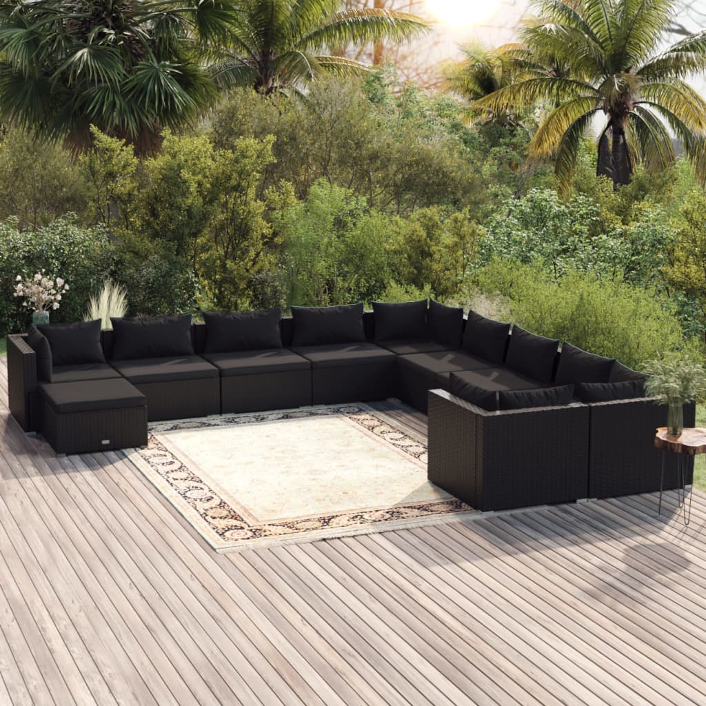vidaXL Loungegrupp för trädgården m. dynor 11 delar konstrotting svart