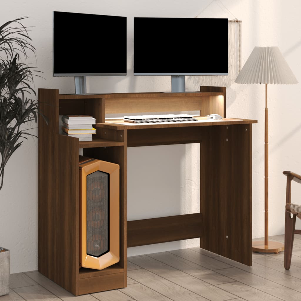 vidaXL Skrivbord med LED brun ek 97x45x90 cm konstruerat trä