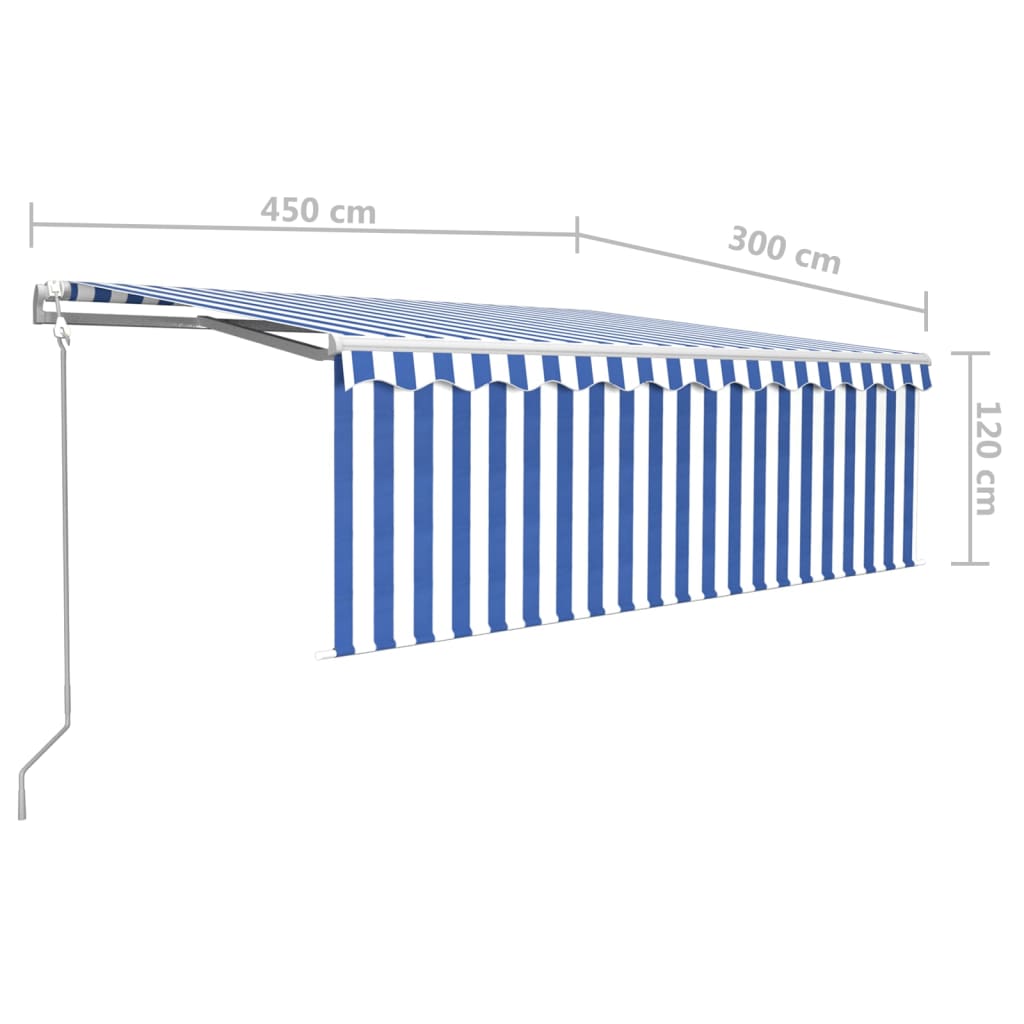 vidaXL Automatisk markis med rullgardin vindsensor LED 4,5x3 m blå/vit