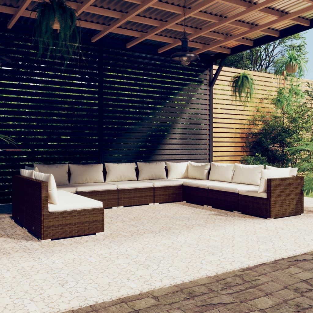 vidaXL Loungegrupp för trädgården m. dynor 10 delar brun konstrotting