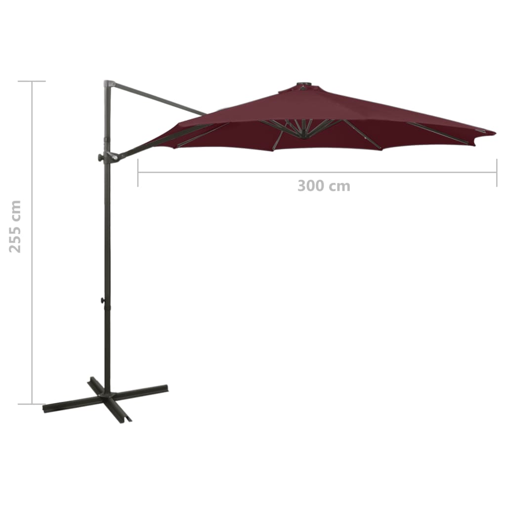 vidaXL Frihängande parasoll med stång och LED vinröd 300 cm
