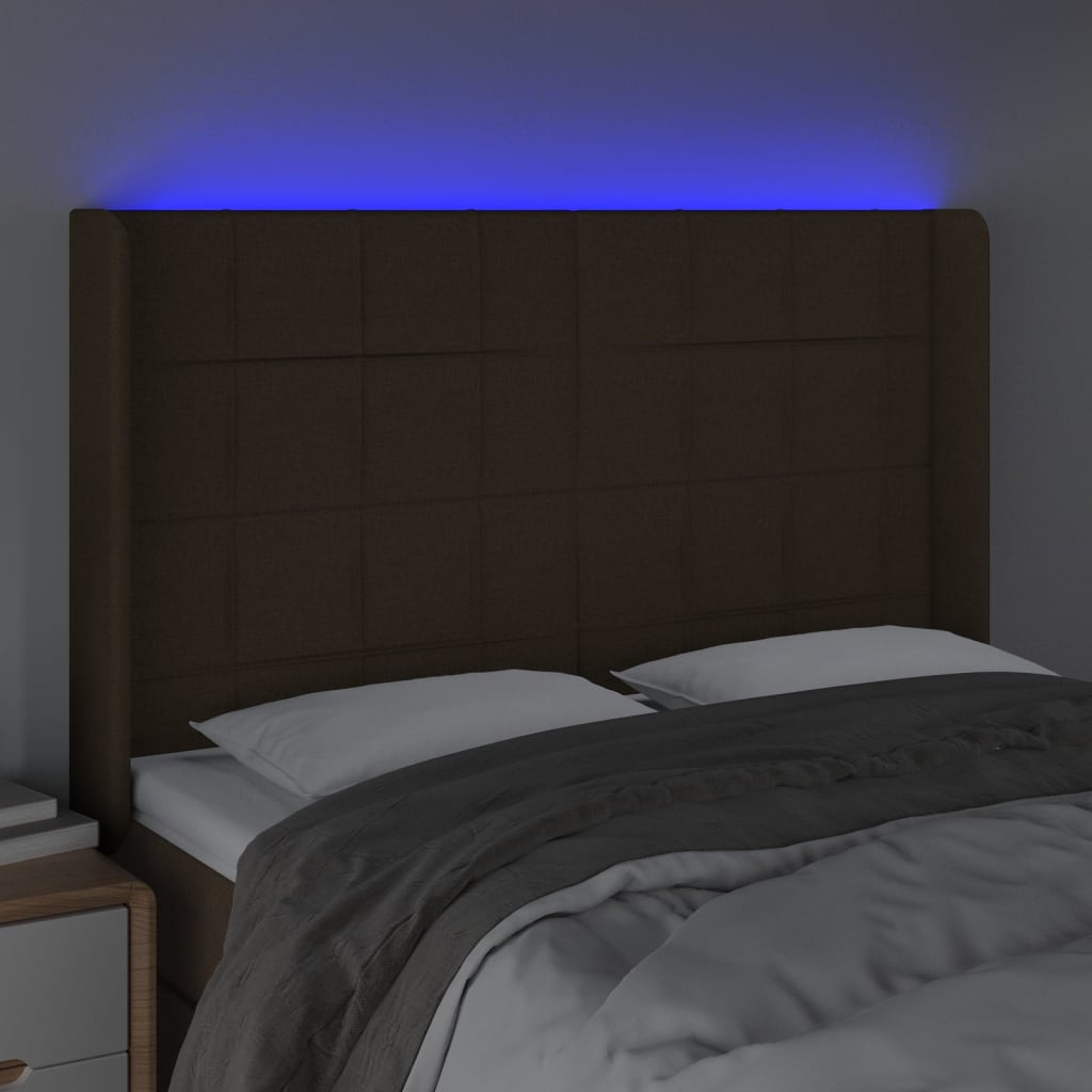vidaXL Sänggavel LED mörkbrun 147x16x118/128 cm tyg