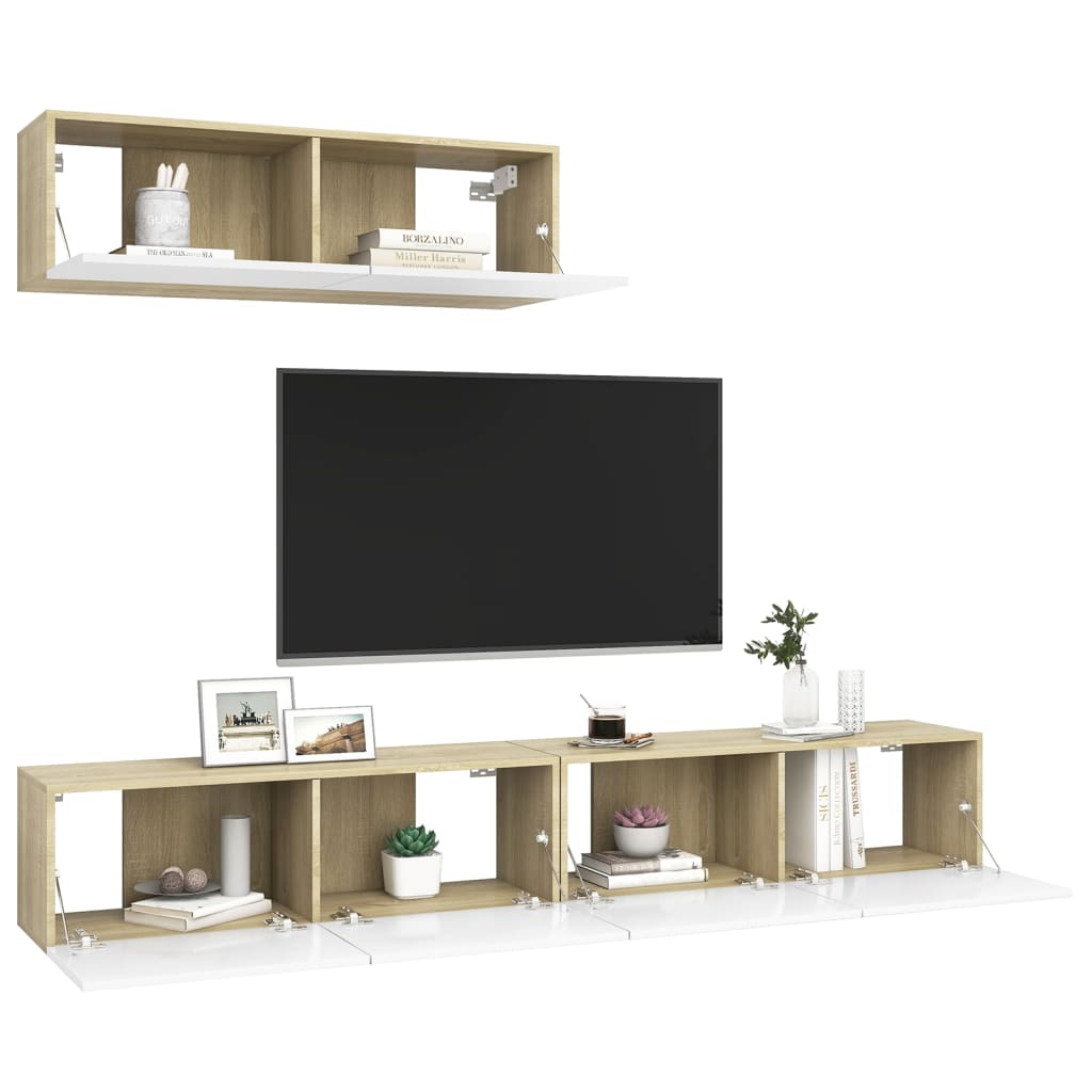 vidaXL TV-skåp 3 delar vit och sonoma-ek konstruerat trä