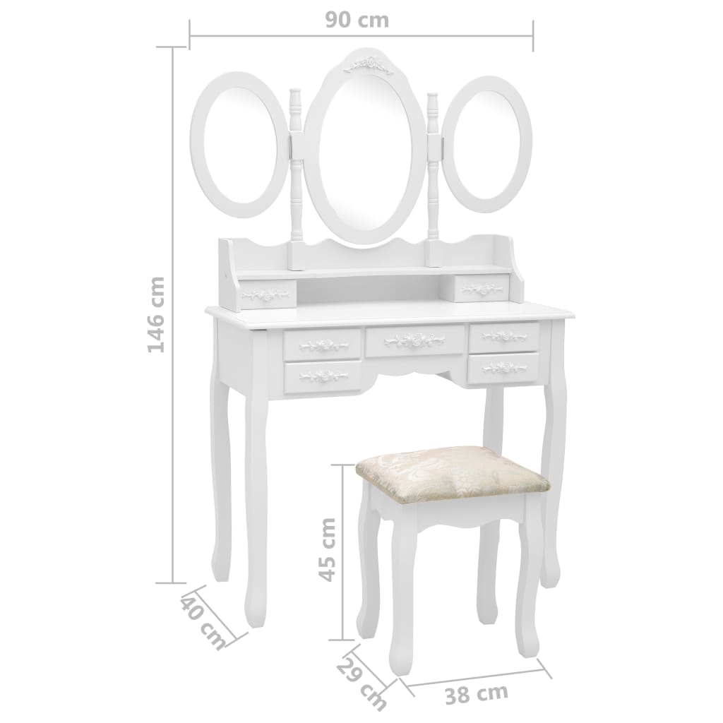 vidaXL Sminkbord med pall och 3 speglar vit
