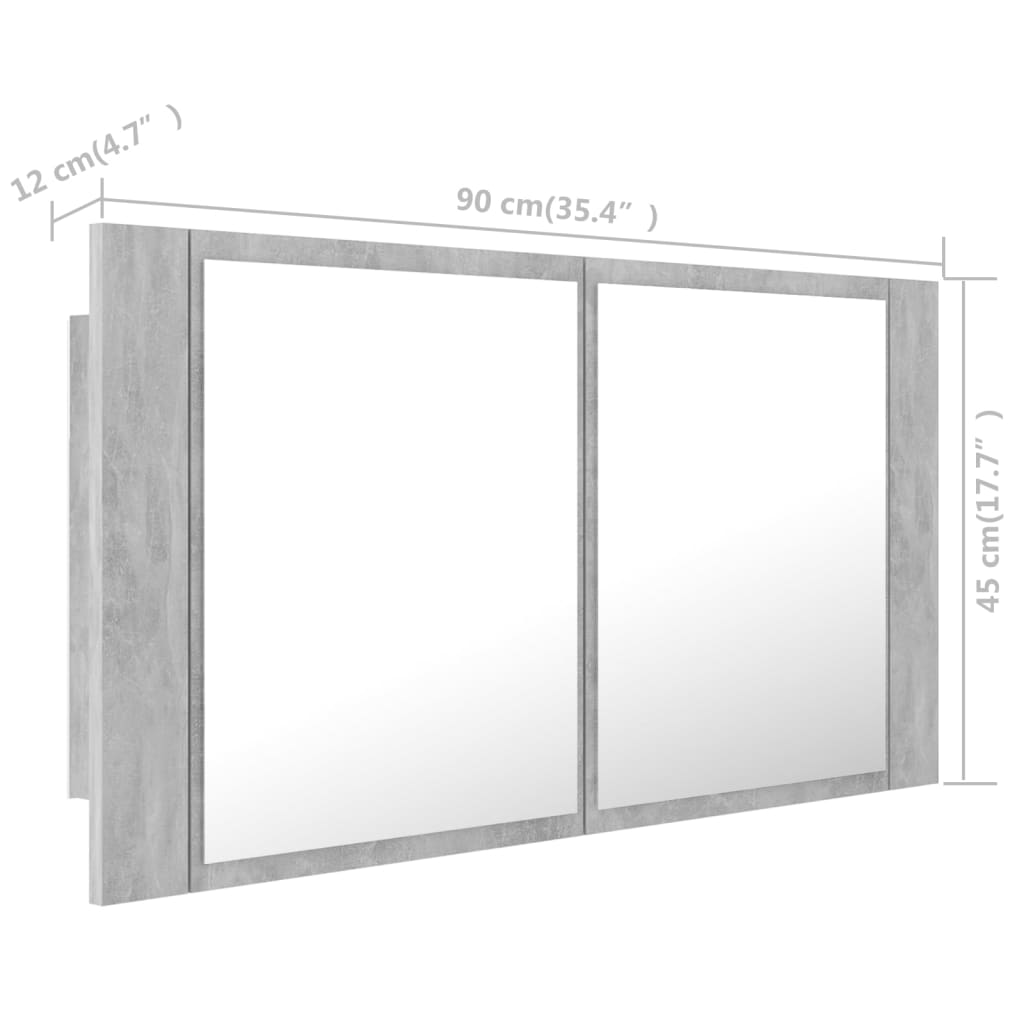 vidaXL Spegelskåp med LED betonggrå 90x12x45 cm akryl