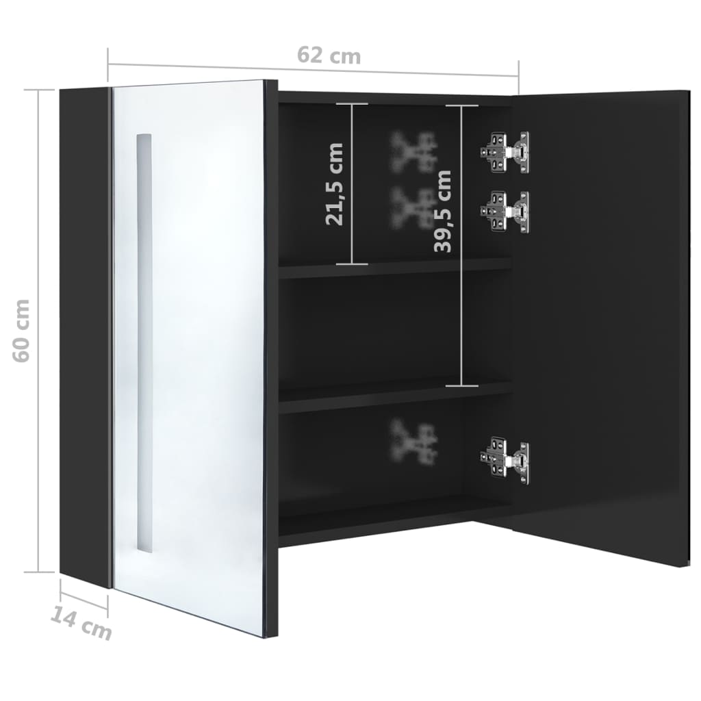 vidaXL Spegelskåp med LED svart högglans 62x14x60 cm