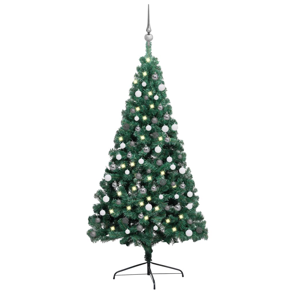 vidaXL Halv plastgran med LED och julgranskulor grön 180 cm