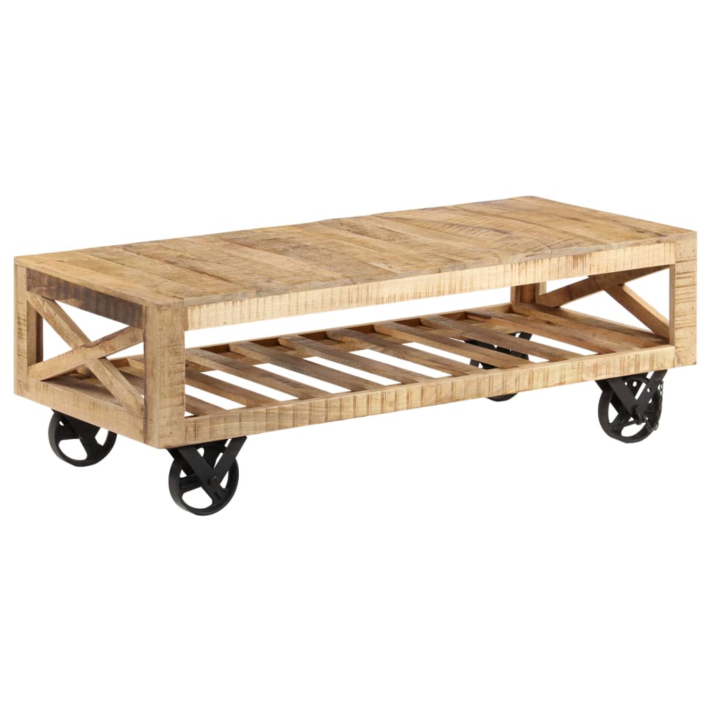 vidaXL Soffbord med hjul massivt mangoträ 110x50x37 cm