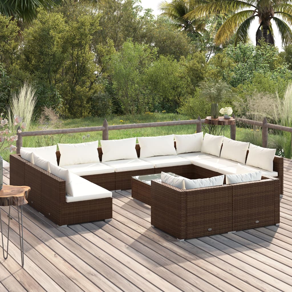 vidaXL Loungegrupp för trädgården med dynor 12 delar brun konstrotting