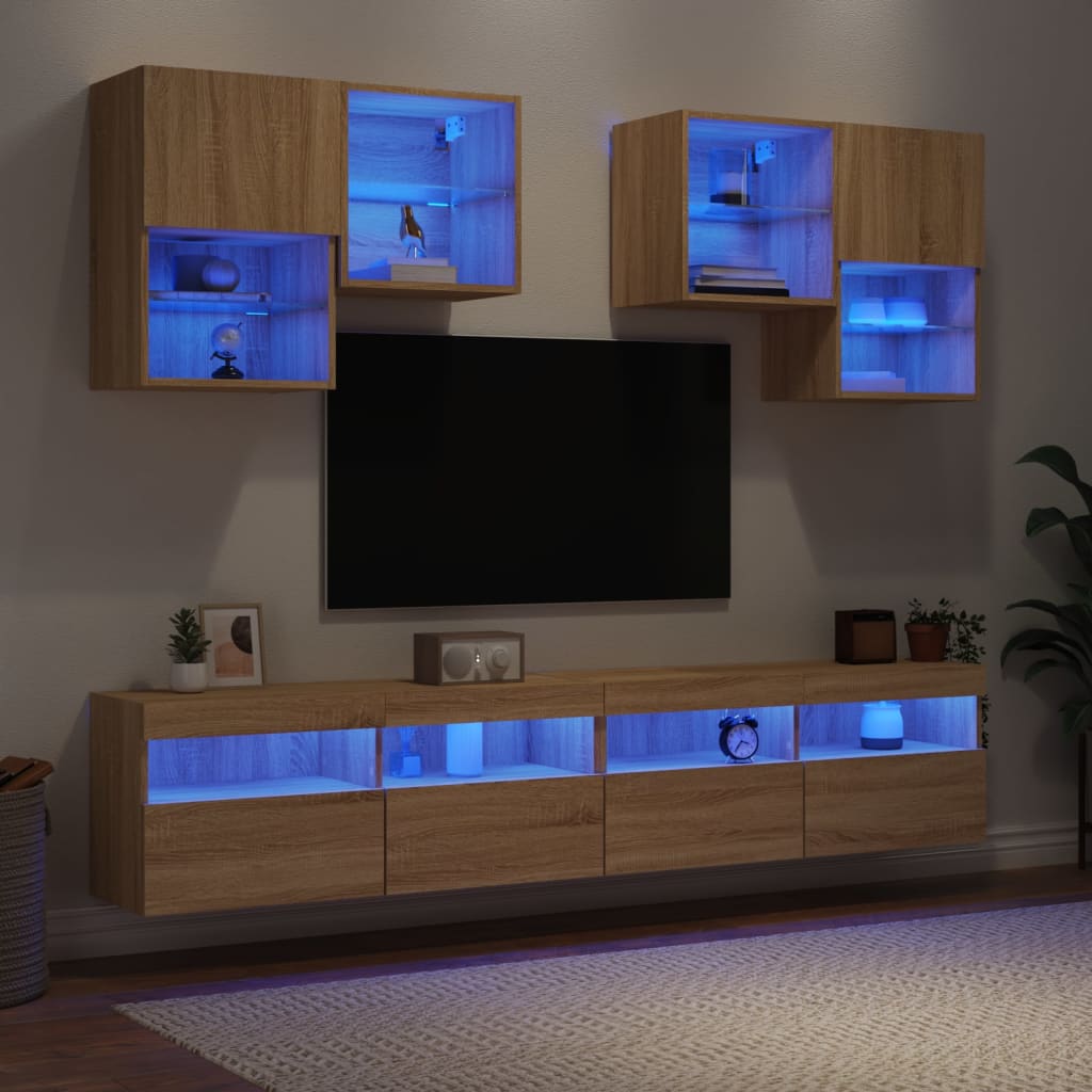 vidaXL Väggmonterade tv-skåp 6 delar med LEDs sonoma-ek