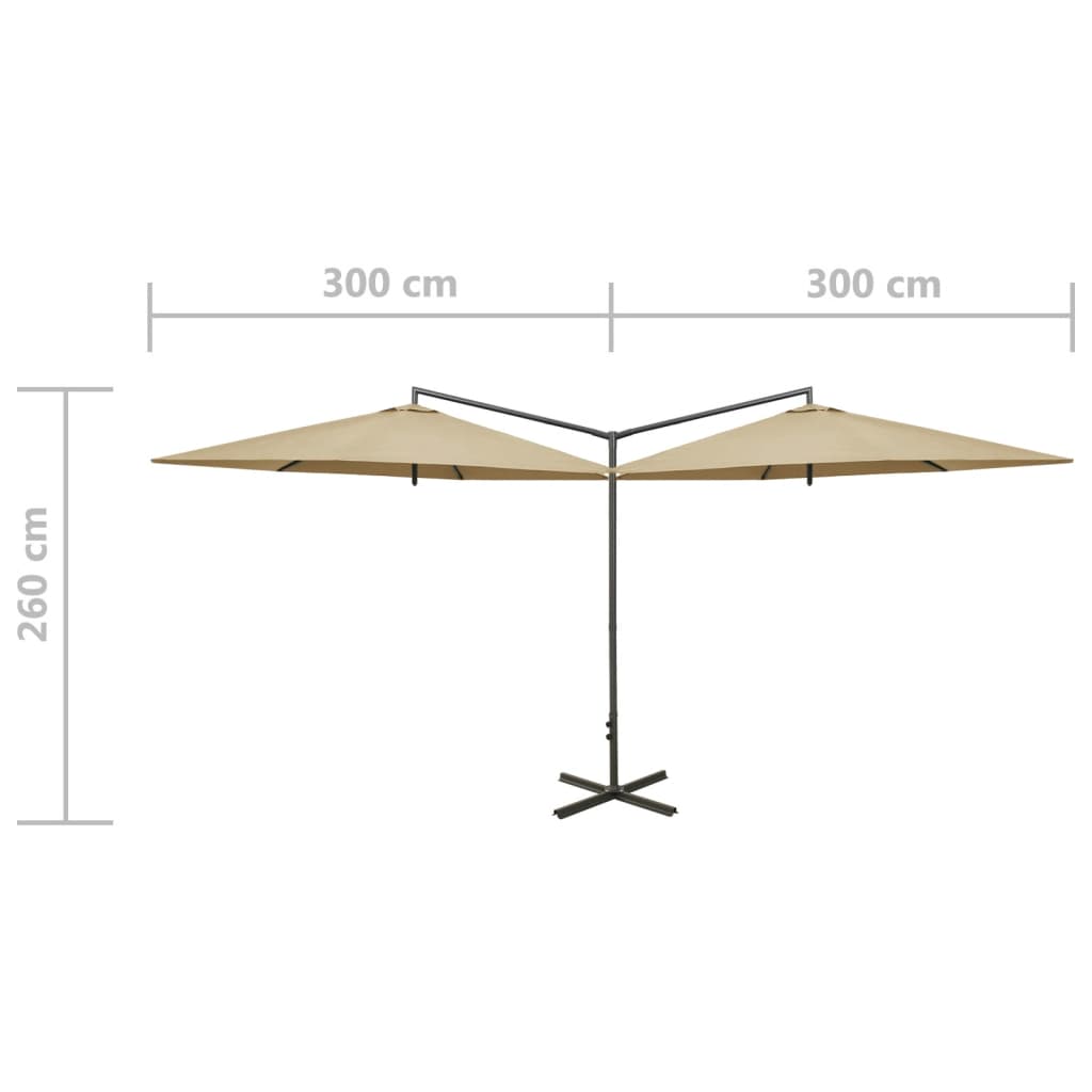 vidaXL Dubbelt parasoll med stålstång taupe 600 cm