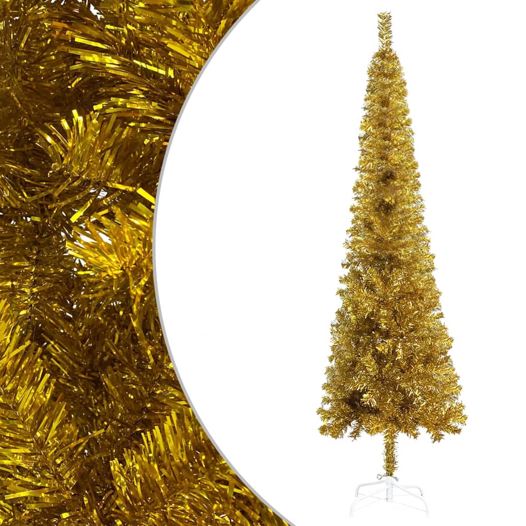 vidaXL Plastgran smal med LED och julgranskulor guld 240 cm