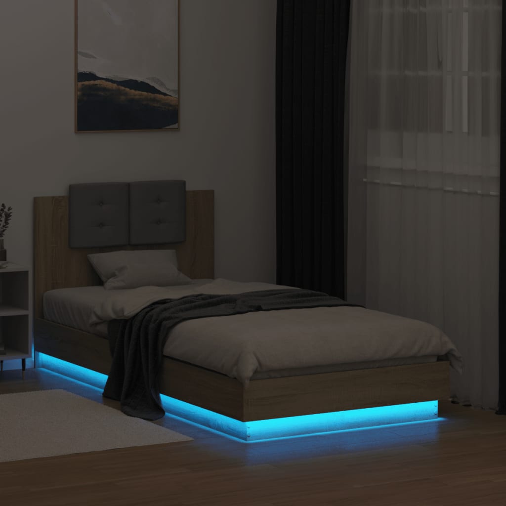 vidaXL Sängram med huvudgavel och LEDs sonoma-ek 90x190 cm