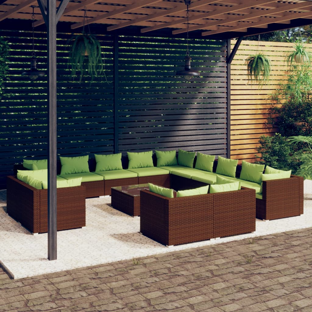 vidaXL Loungegrupp för trädgården med dynor 14delar brun konstrotting