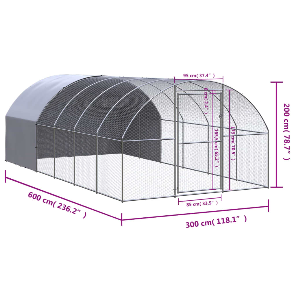 vidaXL Hönsbur för utomhusbruk 3x6x2 m galvaniserat stål