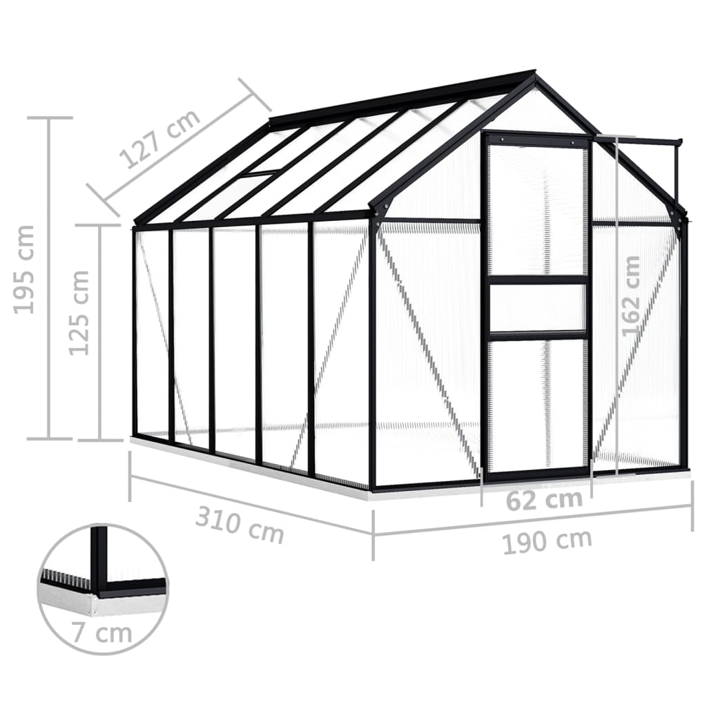 vidaXL Växthus med basram antracit aluminium 5,89 m²