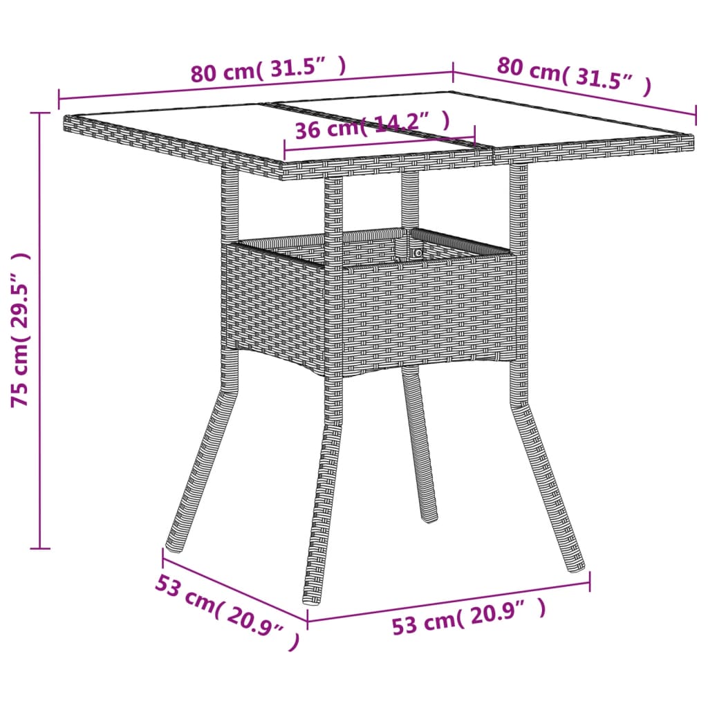 vidaXL Trädgårdsbord med glasskiva ljusgrå 80x80x75 cm konstrotting