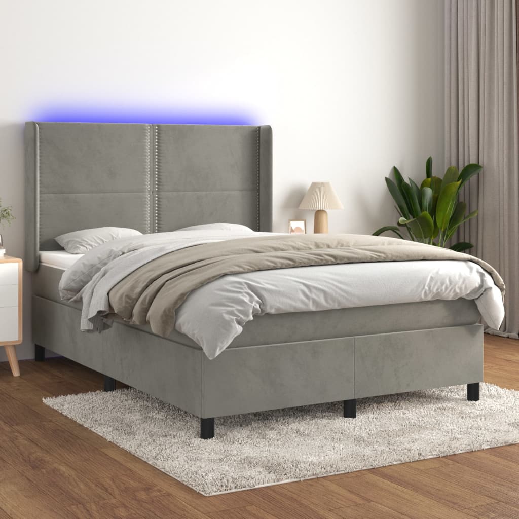 vidaXL Ramsäng med madrass & LED ljusgrå 140x200 cm sammet
