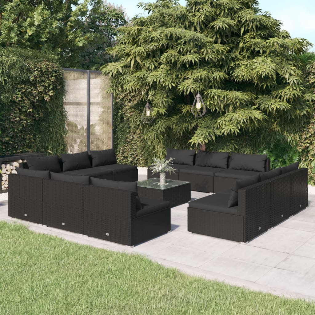 vidaXL Loungegrupp för trädgården m. dynor 13 delar konstrotting svart