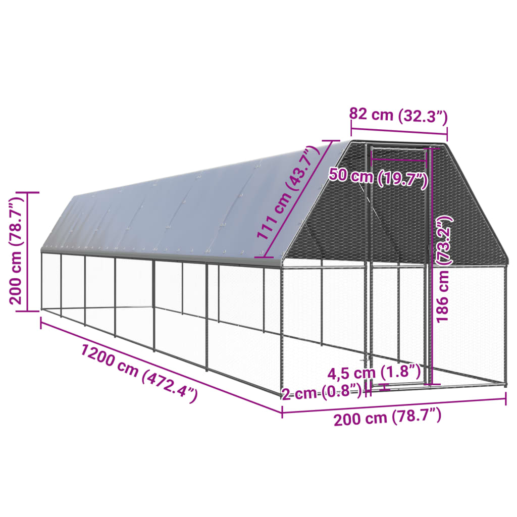 vidaXL Hönsbur för utomhusbruk 2x12x2 m galvaniserat stål