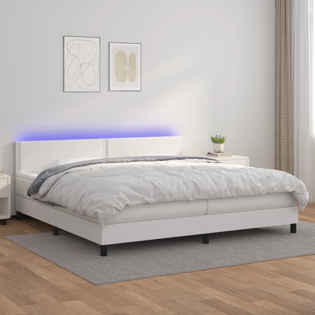 vidaXL Ramsäng med madrass & LED vit 200x200 cm konstläder