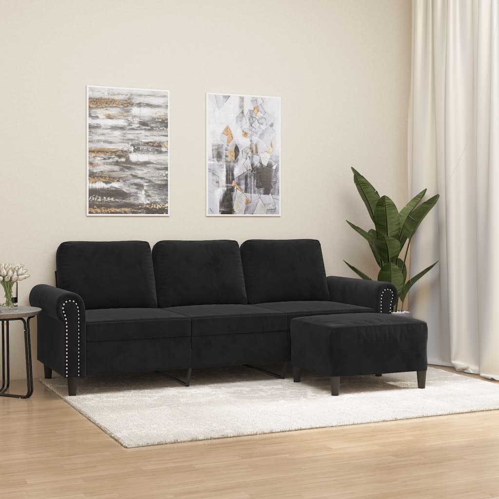 vidaXL 3-sitssoffa med fotpall svart 180 cm sammet