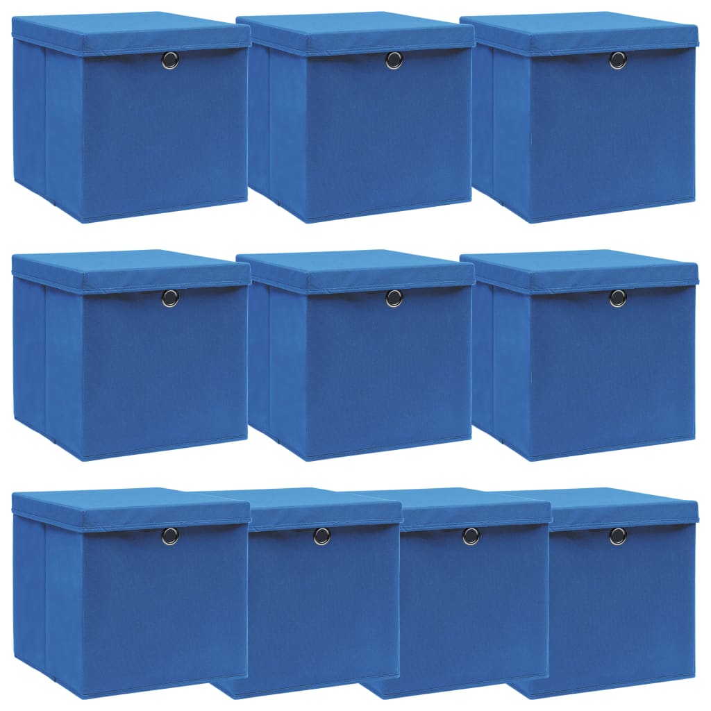 vidaXL Förvaringslådor med lock 10 st blå 32x32x32 cm tyg
