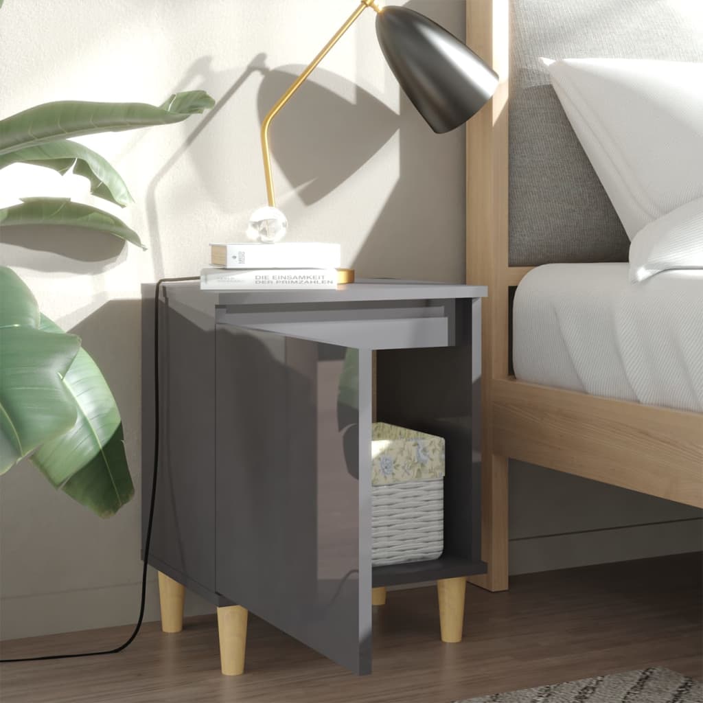vidaXL Sängbord med ben i massivt trä grå högglans 40x30x50 cm