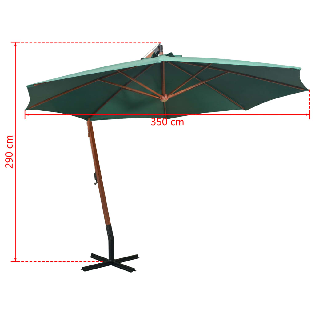 vidaXL Hängande parasoll 350 cm trästång grön
