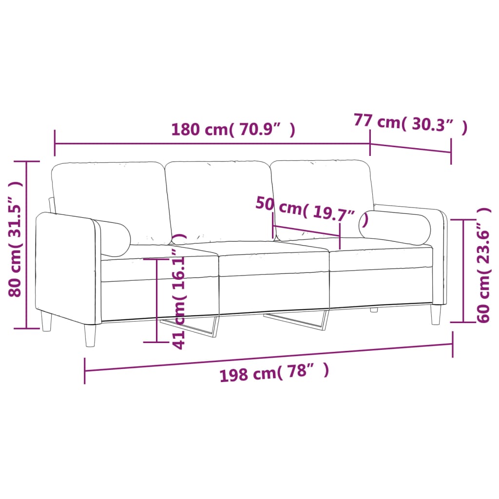 vidaXL 3-sitssoffa med kuddar&delar ljusgrå 180 cm sammet