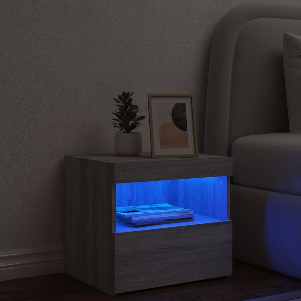 vidaXL Sängbord med LED-lampor grå sonoma 50x40x45 cm